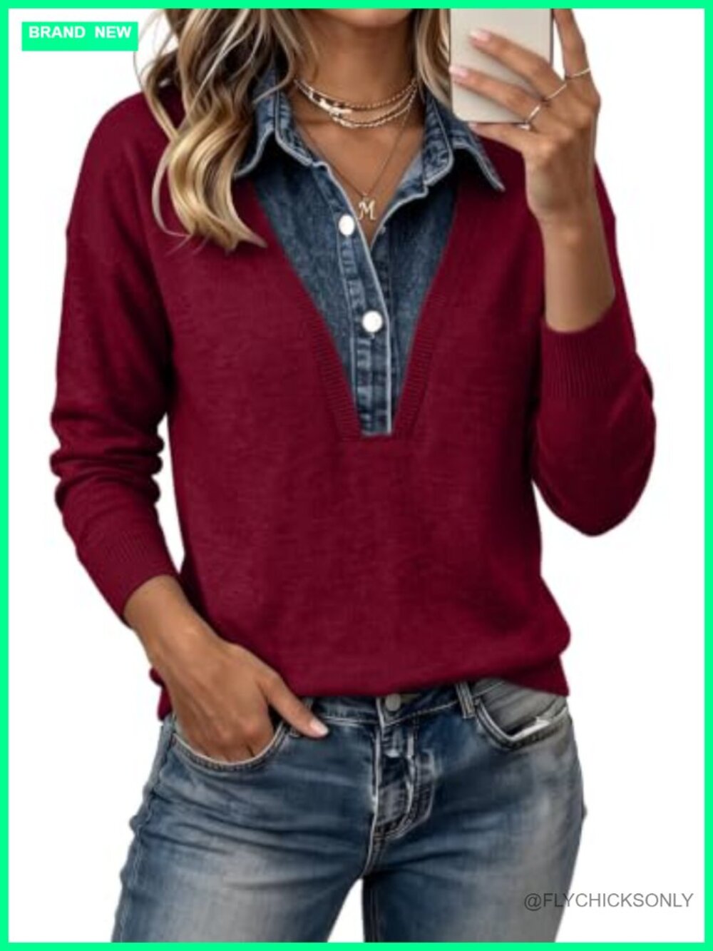 Womens V Neck Polo Sweater Oversized Knit Faux Denim Layer Long Sleeve